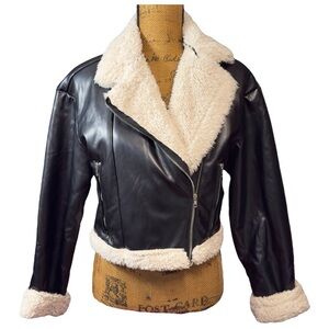 Black Faux Leather Shearling Collar Jacket - Women's Cozy Moto Style